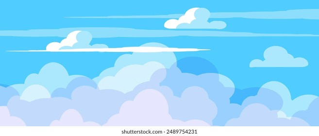 Sky with Clouds illustration in flat style. Sky and clouds background. Cloudy vector cartoon illustration in blue color. Nature abstract wallpaper.