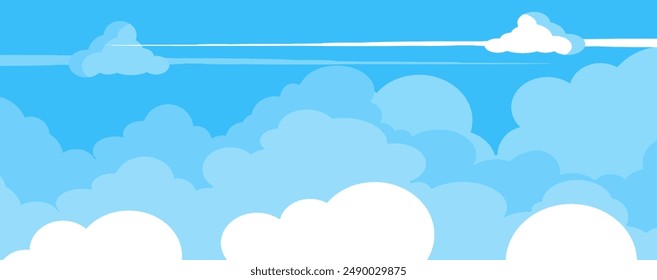 Himmel mit Wolken Illustration im flachen Stil. Himmel und Wolken Hintergrund. Trübe Vektorgrafik Cartoon Illustration in Blau. Natur abstrakte Tapete.