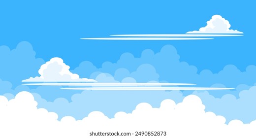 Sky with Clouds illustration in flat style. Sky and clouds background. Cloudy vector cartoon illustration in blue color. Nature abstract wallpaper.