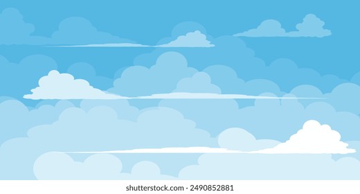 Sky with Clouds illustration in flat style. Sky and clouds background. Cloudy vector cartoon illustration in blue color. Nature abstract wallpaper.