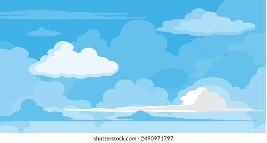 Cielo con Nubes ilustración en estilo plano. Cielo y nubes de fondo. Ilustración de dibujos animados de Vector nublado en color azul. Fondo de pantalla abstracto de Naturaleza.