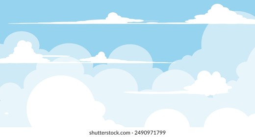 Sky with Clouds illustration in flat style. Sky and clouds background. Cloudy vector cartoon illustration in blue color. Nature abstract wallpaper.