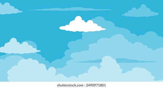 Cielo con Nubes ilustración en estilo plano. Cielo y nubes de fondo. Ilustración de dibujos animados de Vector nublado en color azul. Fondo de pantalla abstracto de Naturaleza.
