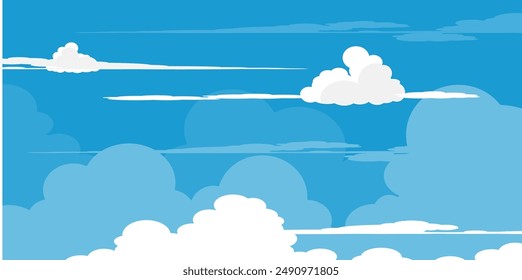 Sky with Clouds illustration in flat style. Sky and clouds background. Cloudy vector cartoon illustration in blue color. Nature abstract wallpaper.