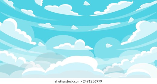 Cielo con Nubes ilustración en estilo plano. Cielo y nubes de fondo. Ilustración de dibujos animados de Vector nublado en color azul. Fondo de pantalla abstracto de Naturaleza.