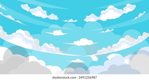 Cielo con Nubes ilustración en estilo plano. Cielo y nubes de fondo. Ilustración de dibujos animados de Vector nublado en color azul. Fondo de pantalla abstracto de Naturaleza.