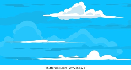 Himmel mit Wolken Illustration im flachen Stil. Himmel und Wolken Hintergrund. Trübe Vektorgrafik Cartoon Illustration in Blau. Natur abstrakte Tapete.