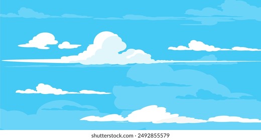 Sky with Clouds illustration in flat style. Sky and clouds background. Cloudy vector cartoon illustration in blue color. Nature abstract wallpaper.