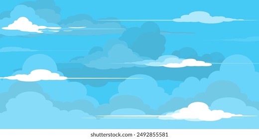 Sky with Clouds illustration in flat style. Sky and clouds background. Cloudy vector cartoon illustration in blue color. Nature abstract wallpaper.