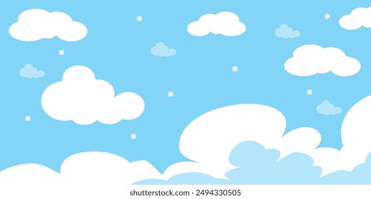 Sky with Clouds illustration in flat style. Sky and clouds background. Cloudy vector cartoon illustration in blue color. Nature abstract wallpaper.
