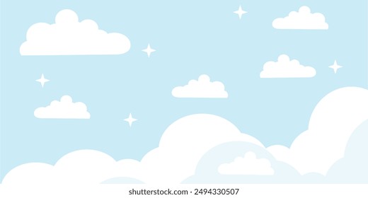 Sky with Clouds illustration in flat style. Sky and clouds background. Cloudy vector cartoon illustration in blue color. Nature abstract wallpaper.