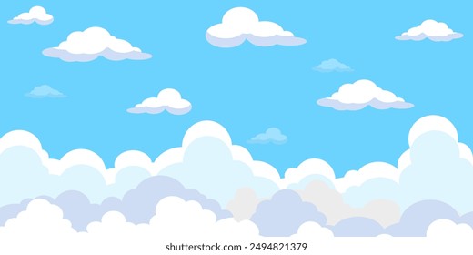 Sky with Clouds illustration in flat style. Sky and clouds background. Cloudy vector cartoon illustration in blue color. Nature abstract wallpaper.