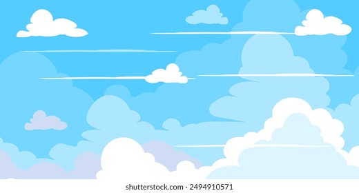 Sky with Clouds illustration in flat style. Sky and clouds background. Cloudy vector cartoon illustration in blue color. Nature abstract wallpaper.