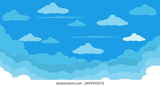 Sky with Clouds illustration in flat style. Sky and clouds background. Cloudy vector cartoon illustration in blue color. Nature abstract wallpaper.