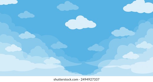 Sky with Clouds illustration in flat style. Sky and clouds background. Cloudy vector cartoon illustration in blue color. Nature abstract wallpaper.