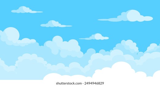 Sky with Clouds illustration in flat style. Sky and clouds background. Cloudy vector cartoon illustration in blue color. Nature abstract wallpaper.