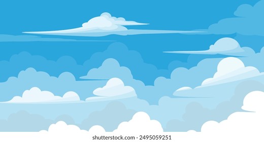 Sky with Clouds illustration in flat style. Sky and clouds background. Cloudy vector cartoon illustration in blue color. Nature abstract wallpaper.