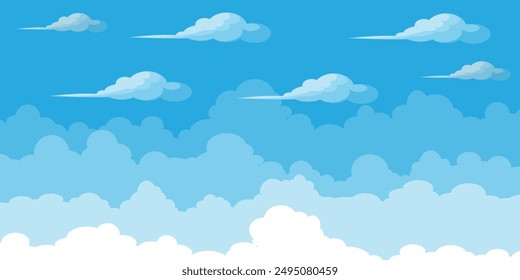 Himmel mit Wolken Illustration im flachen Stil. Himmel und Wolken Hintergrund. Trübe Vektorgrafik Cartoon Illustration in Blau. Natur abstrakte Tapete.