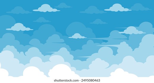Sky with Clouds illustration in flat style. Sky and clouds background. Cloudy vector cartoon illustration in blue color. Nature abstract wallpaper.
