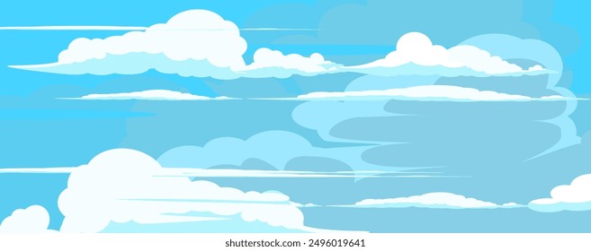 Sky with Clouds illustration in flat style. Sky and clouds background. Cloudy vector cartoon illustration in blue color. Nature abstract wallpaper.