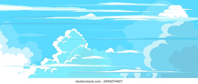 Cielo con la ilustración de las nubes en estilo plano. Cielo y fondo de nubes. Ilustración de dibujos animados de Vector nublado en color azul. Fondo de pantalla abstracto de Naturaleza.