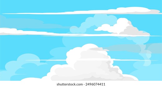 Himmel mit Wolken Illustration im flachen Stil. Himmel und Wolken Hintergrund. Trübe Vektorkarikatur in blauer Farbe. Natur abstrakte Tapete.