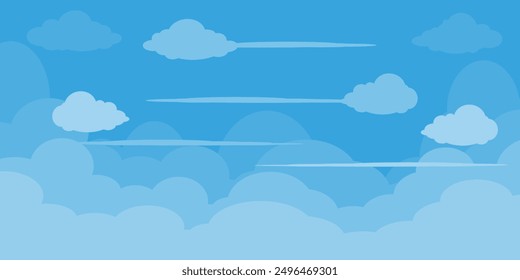 Sky with Clouds illustration in flat style. Sky and clouds background. Cloudy vector cartoon illustration in blue color. Nature abstract wallpaper.