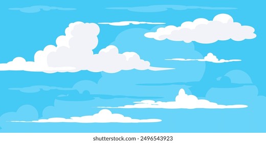 Sky with Clouds illustration in flat style. Sky and clouds background. Cloudy vector cartoon illustration in blue color. Nature abstract wallpaper.