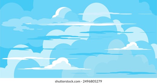 Himmel mit Wolken Illustration im flachen Stil. Himmel und Wolken Hintergrund. Trübe Vektorkarikatur in blauer Farbe. Natur abstrakte Tapete.
