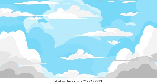 Sky with Clouds illustration in flat style. Sky and clouds background. Cloudy vector cartoon illustration in blue color. Nature abstract wallpaper.