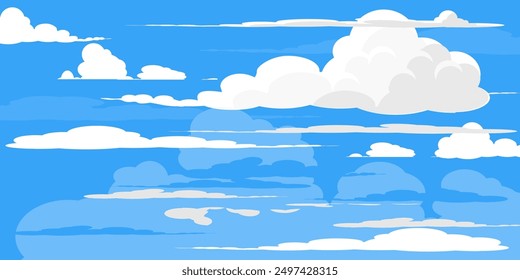 Sky with Clouds illustration in flat style. Sky and clouds background. Cloudy vector cartoon illustration in blue color. Nature abstract wallpaper.