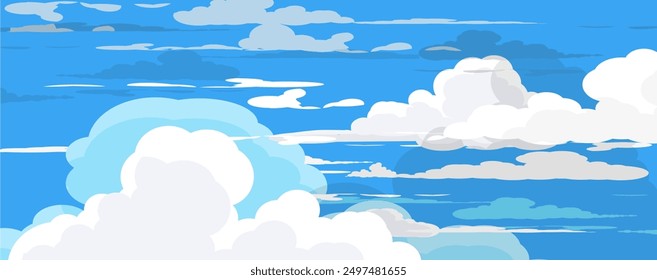 Sky with Clouds illustration in flat style. Sky and clouds background. Cloudy vector cartoon illustration in blue color. Nature abstract wallpaper.