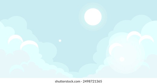 Sky with Clouds illustration in flat style. Sky and clouds background. Cloudy vector cartoon illustration in blue color. Nature abstract wallpaper.
