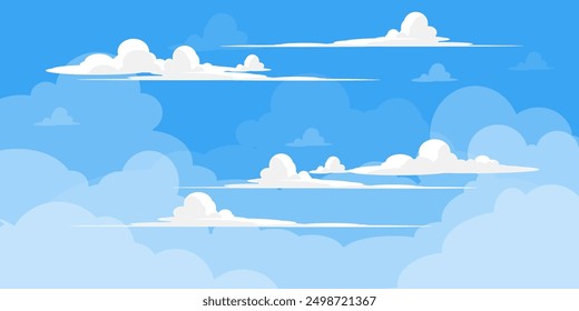 Cielo con la ilustración de las nubes en estilo plano. Cielo y fondo de nubes. Ilustración de dibujos animados de Vector nublado en color azul. Fondo de pantalla abstracto de Naturaleza.