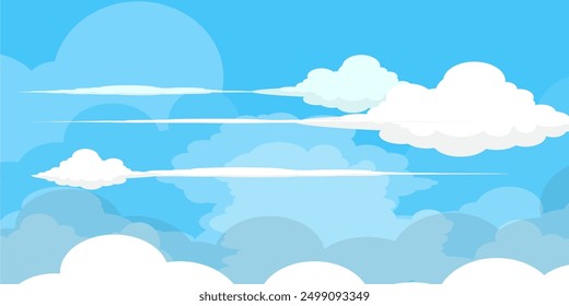 Sky with Clouds illustration in flat style. Sky and clouds background. Cloudy vector cartoon illustration in blue color. Nature abstract wallpaper.