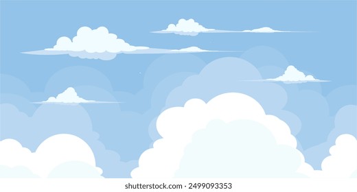 Sky with Clouds illustration in flat style. Sky and clouds background. Cloudy vector cartoon illustration in blue color. Nature abstract wallpaper.
