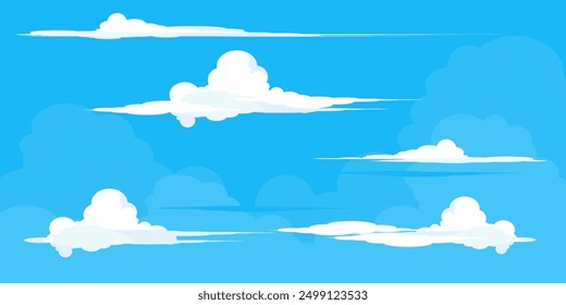 Cielo con la ilustración de las nubes en estilo plano. Cielo y fondo de nubes. Ilustración de dibujos animados de Vector nublado en color azul. Fondo de pantalla abstracto de Naturaleza.