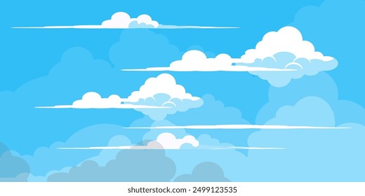 Cielo con la ilustración de las nubes en estilo plano. Cielo y fondo de nubes. Ilustración de dibujos animados de Vector nublado en color azul. Fondo de pantalla abstracto de Naturaleza.