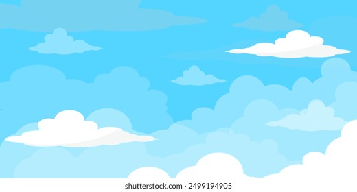 Cielo con la ilustración de las nubes en estilo plano. Cielo y fondo de nubes. Ilustración de dibujos animados de Vector nublado en color azul. Fondo de pantalla abstracto de Naturaleza.