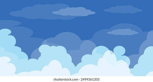 Sky with Clouds illustration in flat style. Sky and clouds background. Cloudy vector cartoon illustration in blue color. Nature abstract wallpaper.