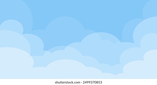 Sky with Clouds illustration in flat style. Sky and clouds background. Cloudy vector cartoon illustration in blue color. Nature abstract wallpaper.