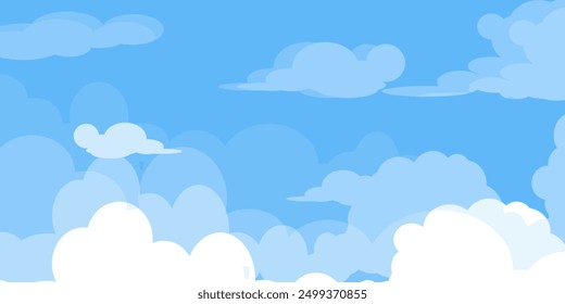 Sky with Clouds illustration in flat style. Sky and clouds background. Cloudy vector cartoon illustration in blue color. Nature abstract wallpaper.