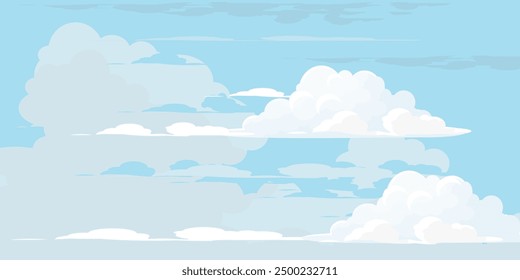 Sky with Clouds illustration in flat style. Sky and clouds background. Cloudy vector cartoon illustration in blue color. Nature abstract wallpaper.