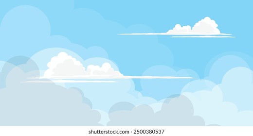 Sky with Clouds illustration in flat style. Sky and clouds background. Cloudy vector cartoon illustration in blue color. Nature abstract wallpaper.