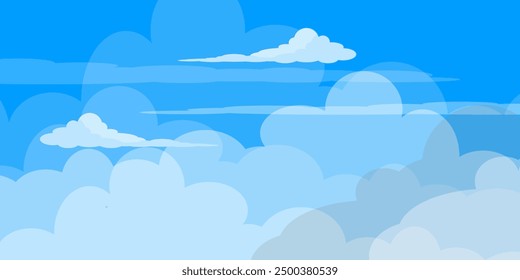 Sky with Clouds illustration in flat style. Sky and clouds background. Cloudy vector cartoon illustration in blue color. Nature abstract wallpaper.