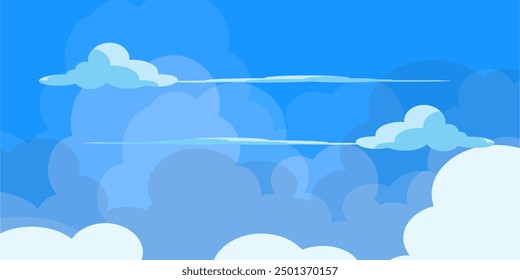 Cielo con la ilustración de las nubes en estilo plano. Cielo y fondo de nubes. Ilustración de dibujos animados de Vector nublado en color azul. Fondo de pantalla abstracto de Naturaleza.