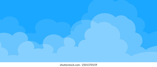 Sky with Clouds illustration in flat style. Sky and clouds background. Cloudy vector cartoon illustration in blue color. Nature abstract wallpaper.