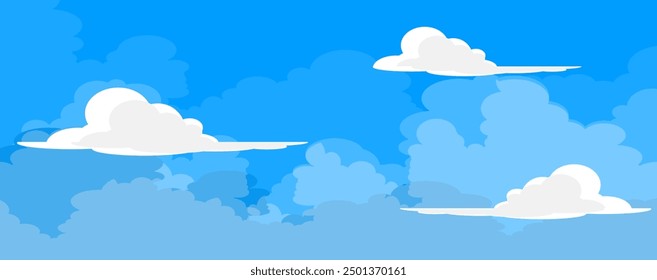 Cielo con la ilustración de las nubes en estilo plano. Cielo y fondo de nubes. Ilustración de dibujos animados de Vector nublado en color azul. Fondo de pantalla abstracto de Naturaleza.