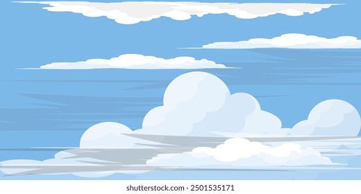Cielo con la ilustración de las nubes en estilo plano. Cielo y fondo de nubes. Ilustración de dibujos animados de Vector nublado en color azul. Fondo de pantalla abstracto de Naturaleza. nube, cielo.