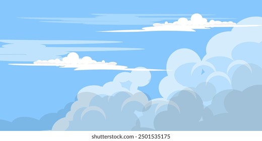 Sky with Clouds illustration in flat style. Sky and clouds background. Cloudy vector cartoon illustration in blue color. Nature abstract wallpaper. cloud, sky.